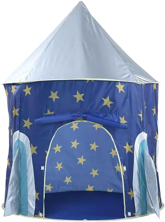 Blue rocket ship pop up play tent for kids with star print