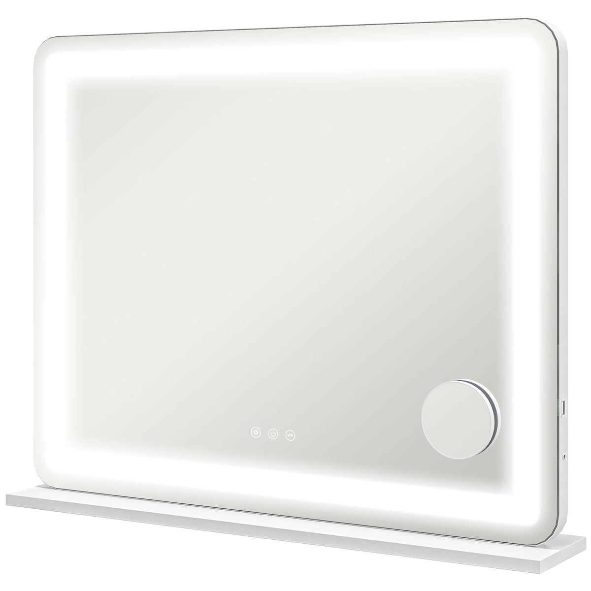 Large white LED vanity mirror with 10x magnifier on a stand