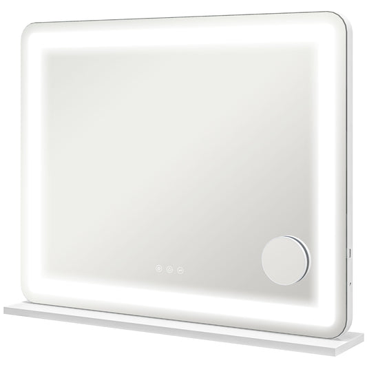 Large white LED vanity mirror with 10x magnifier on a stand