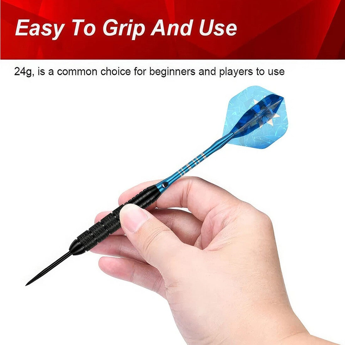 Hand holding a 24g steel tip dart with a blue flight