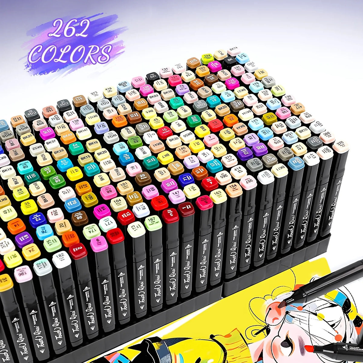 Rows of 262 colour markers laid out in the open case