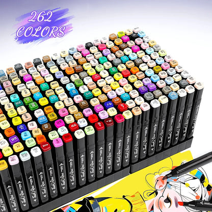Rows of 262 colour markers laid out in the open case