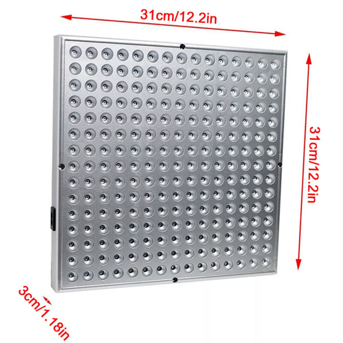 Red light therapy panel size diagram showing 31cm x 31cm x 3cm dimensions