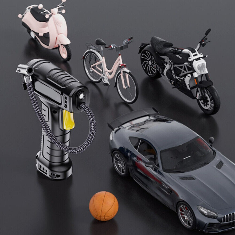 Tyre inflator shown with a car, bike, scooter and basketball