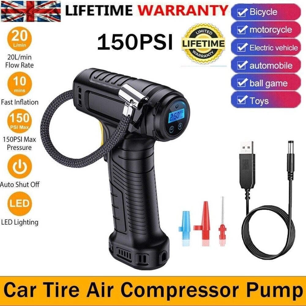 Cordless digital tyre inflator with charging cable and nozzle adaptors
