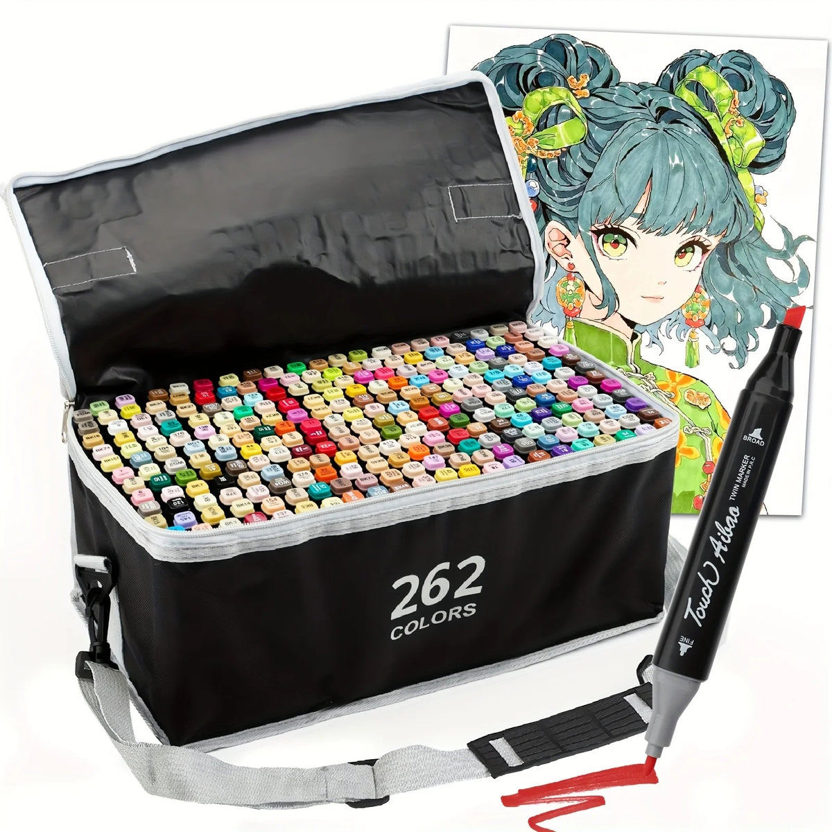 262-colour marker case beside an anime-style illustration coloured with the markers