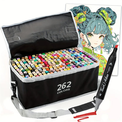 262-colour marker case beside an anime-style illustration coloured with the markers