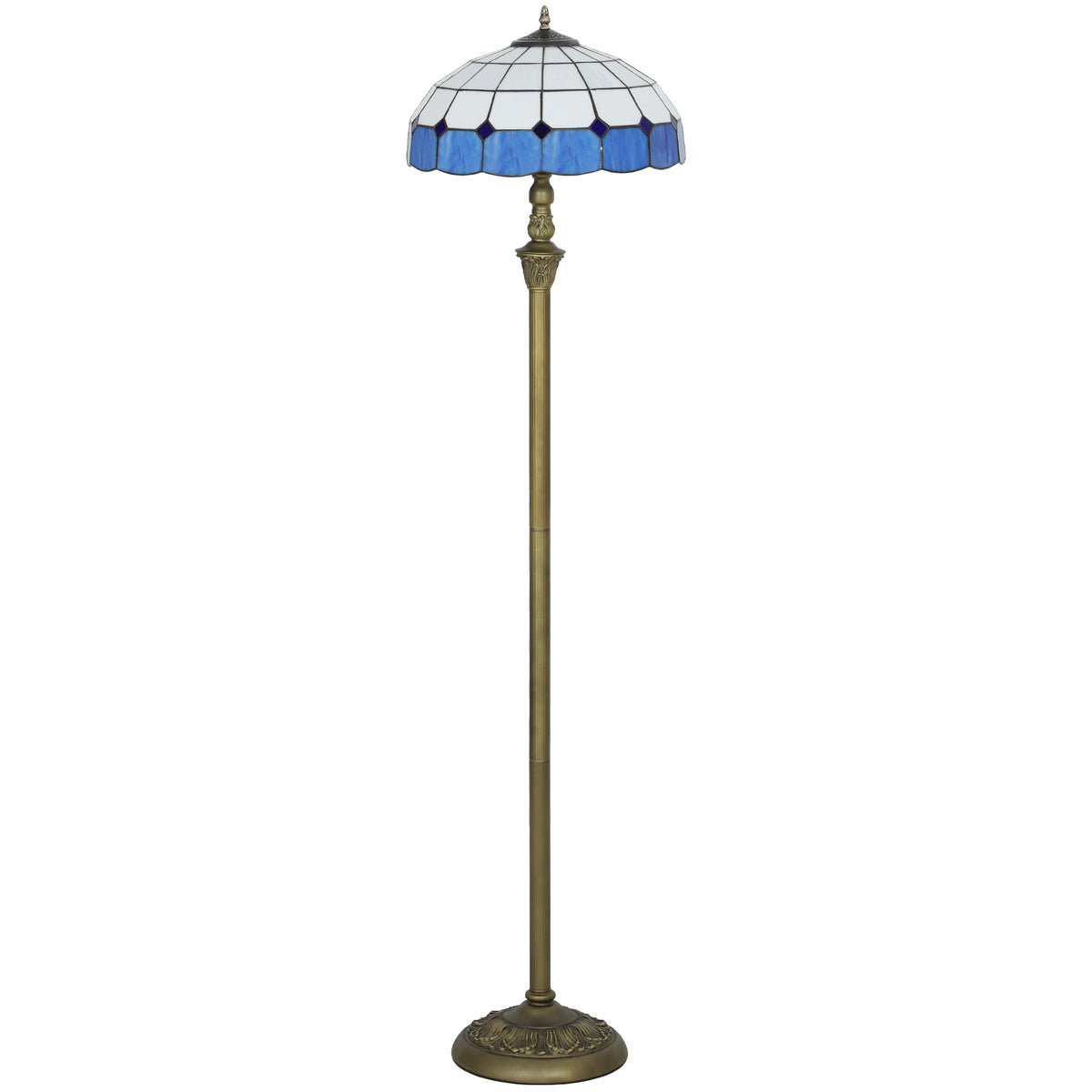 Tiffany-style floor lamp with blue and white stained glass shade and bronze stand