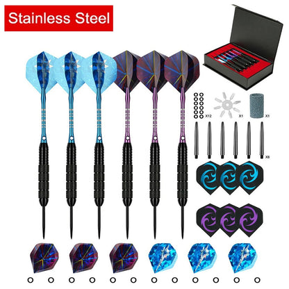 Darts set laid out with spare flights, shafts, O-rings and gift case